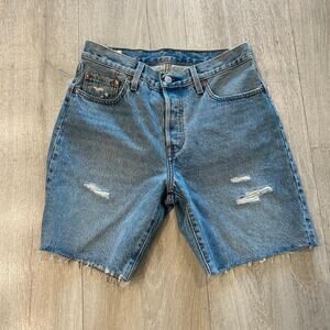 Levis 501 distressed denim shorts.